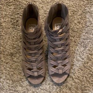 Peep toe suede wedges